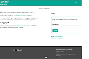 LickiMat reseller portal login screen to wholesale ordering and account management tools